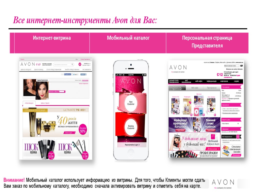 Все интернет-инструменты Avon для Вас: Внимание! Мобильный каталог использует информацию из витрины. Для того,